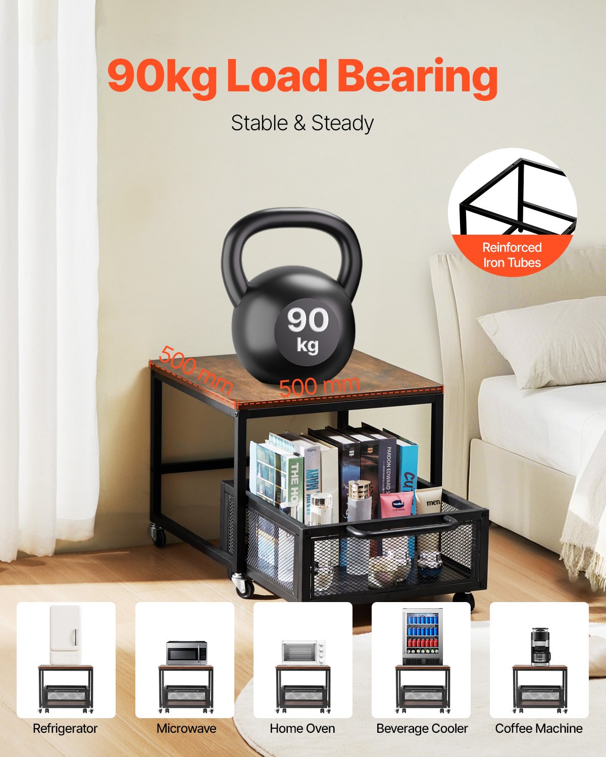 VEVOR Mini Refrigerador con Soporte de Almacenamiento, con Carrito de Almacenamiento Móvil y Ruedas Giratorias, para Cafetería, Robusto, para Dormitorio en Casa, Marrón Oscuro, 500 x 500 x 430 mm