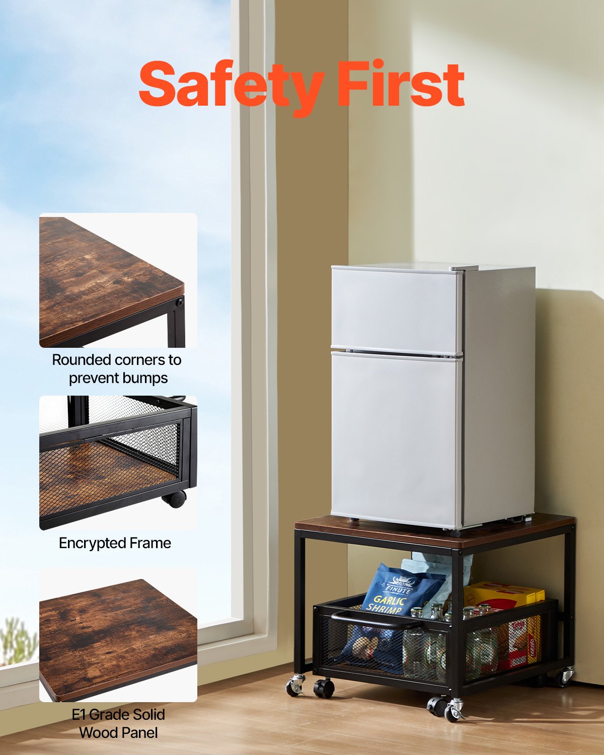 VEVOR Mini Refrigerador con Soporte de Almacenamiento, con Carrito de Almacenamiento Móvil y Ruedas Giratorias, para Cafetería, Robusto, para Dormitorio en Casa, Marrón Oscuro, 500 x 500 x 430 mm