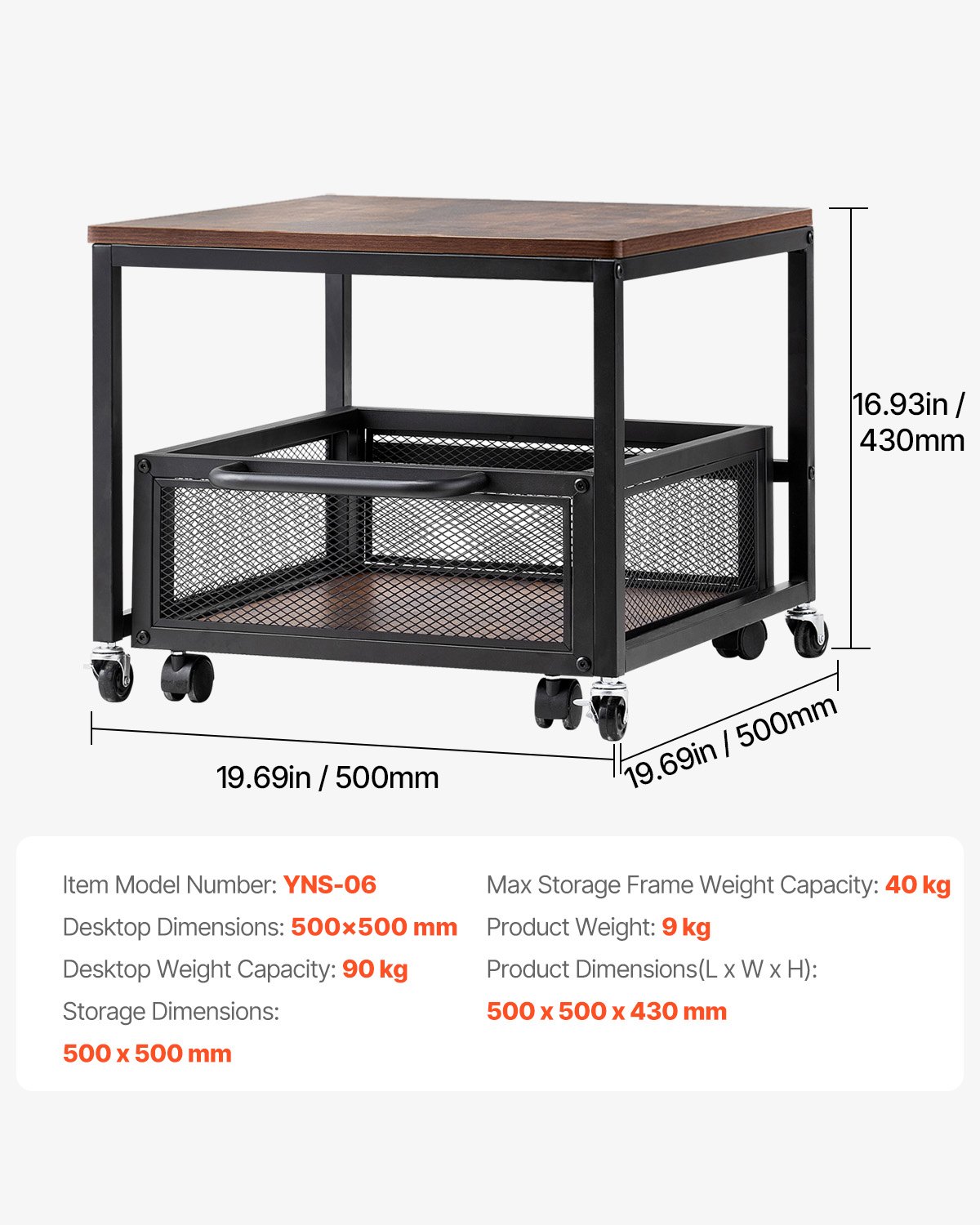 VEVOR Mini Refrigerador con Soporte de Almacenamiento, con Carrito de Almacenamiento Móvil y Ruedas Giratorias, para Cafetería, Robusto, para Dormitorio en Casa, Marrón Oscuro, 500 x 500 x 430 mm