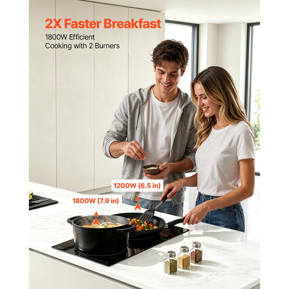 VEVOR Placa Vitrocerámica, 52 x 30 cm, 2 Zonas de Cocción, 3000 W 220 V, Portátil, Control Táctil, con 9 Niveles de Potencia, Temporizador, Bloqueo Infantil, Protección Contra Sobrecalentamiento