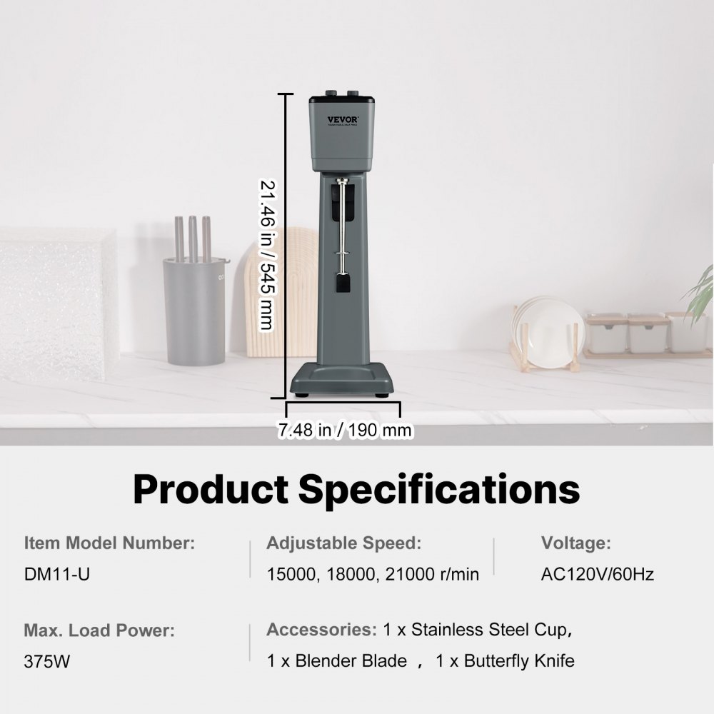 VEVOR Batidora Eléctrica para Batidos de Un Solo Cabezal, 375 W, 3 Velocidades, 15000/18000/21000 RPM, Vaso de Acero Inoxidable de 820 ml para Preparar Bebidas, Té con Leche, Batidos, Barra Casera