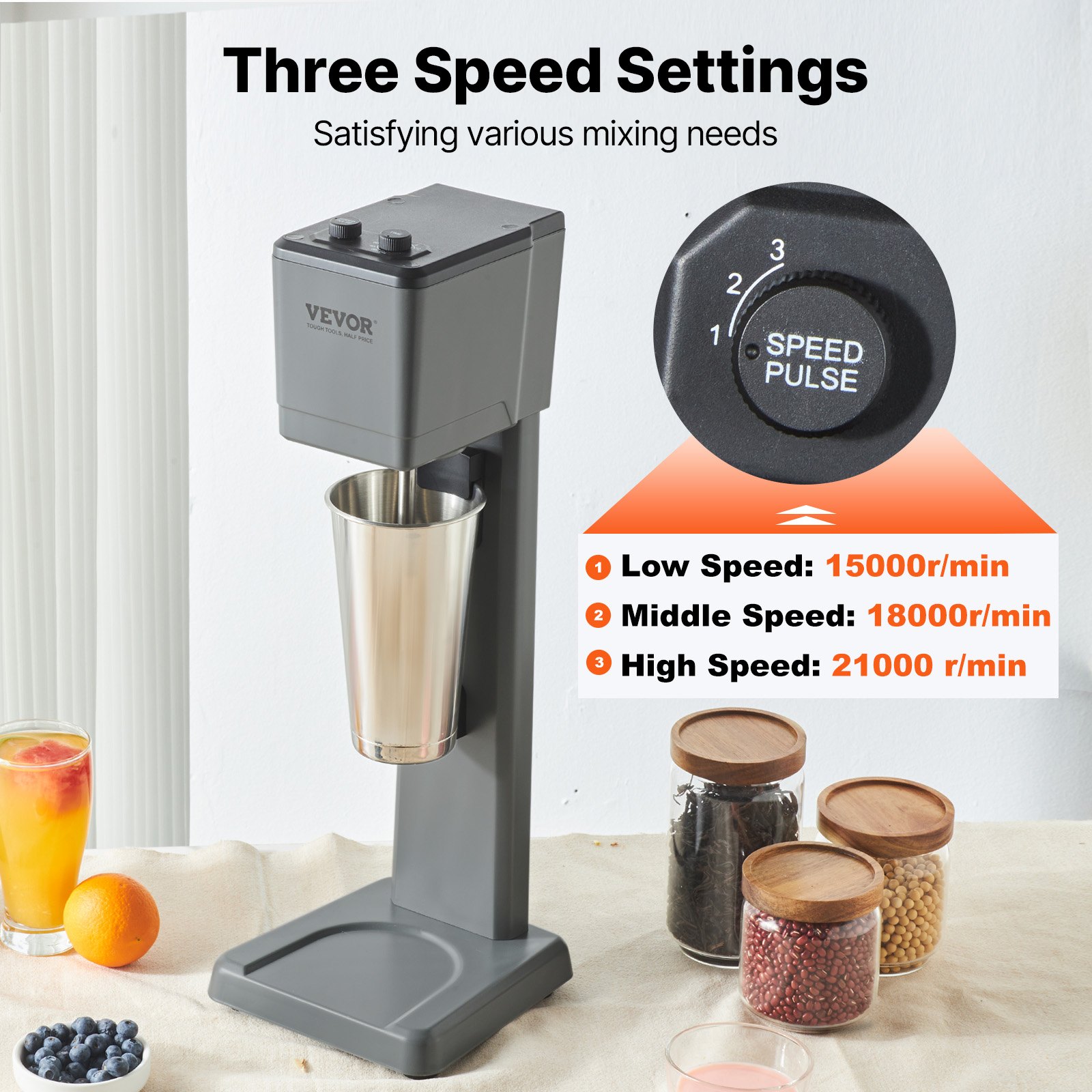 VEVOR Batidora Eléctrica para Batidos de Un Solo Cabezal, 375 W, 3 Velocidades, 15000/18000/21000 RPM, Vaso de Acero Inoxidable de 820 ml para Preparar Bebidas, Té con Leche, Batidos, Barra Casera