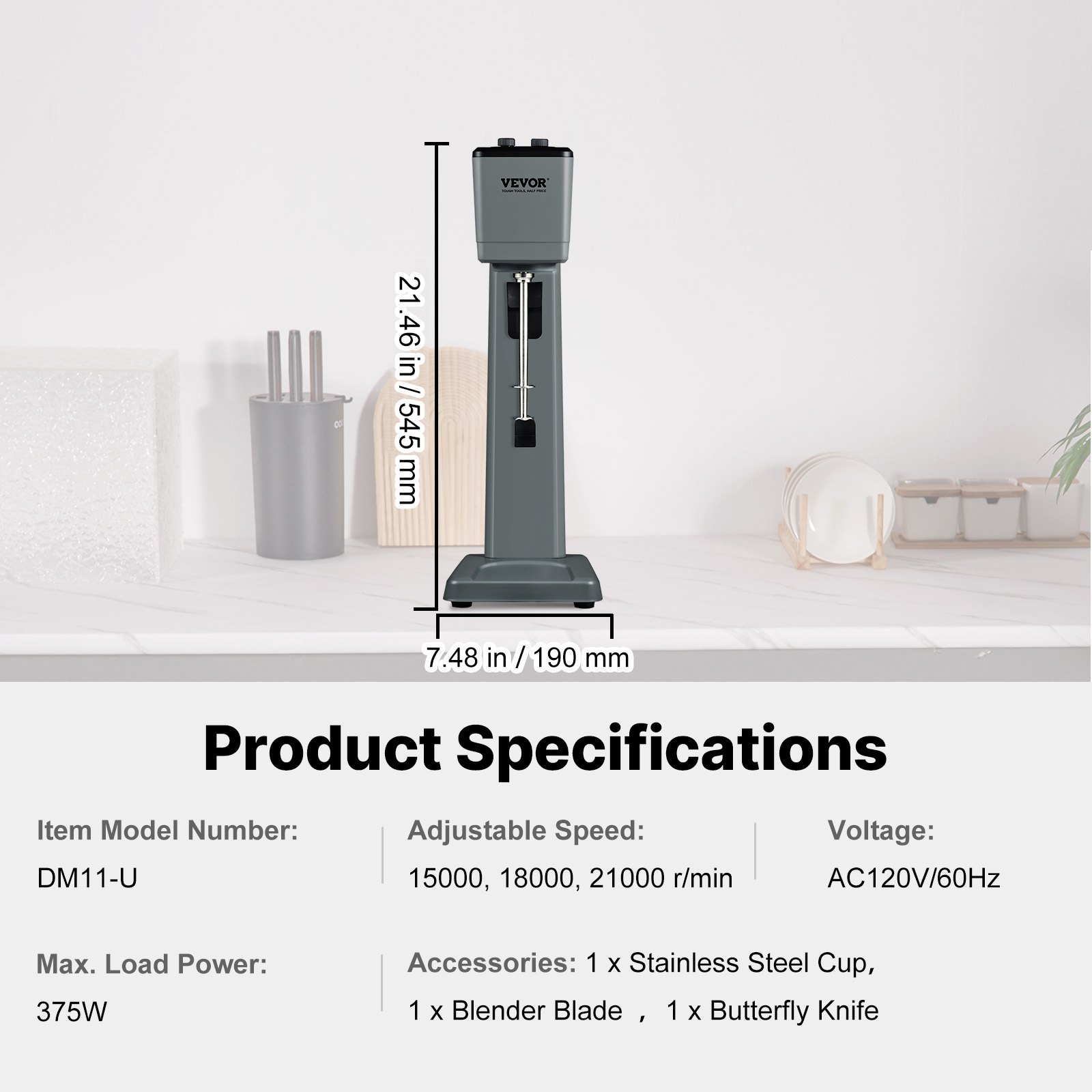 VEVOR Batidora Eléctrica para Batidos de Un Solo Cabezal, 375 W, 3 Velocidades, 15000/18000/21000 RPM, Vaso de Acero Inoxidable de 820 ml para Preparar Bebidas, Té con Leche, Batidos, Barra Casera