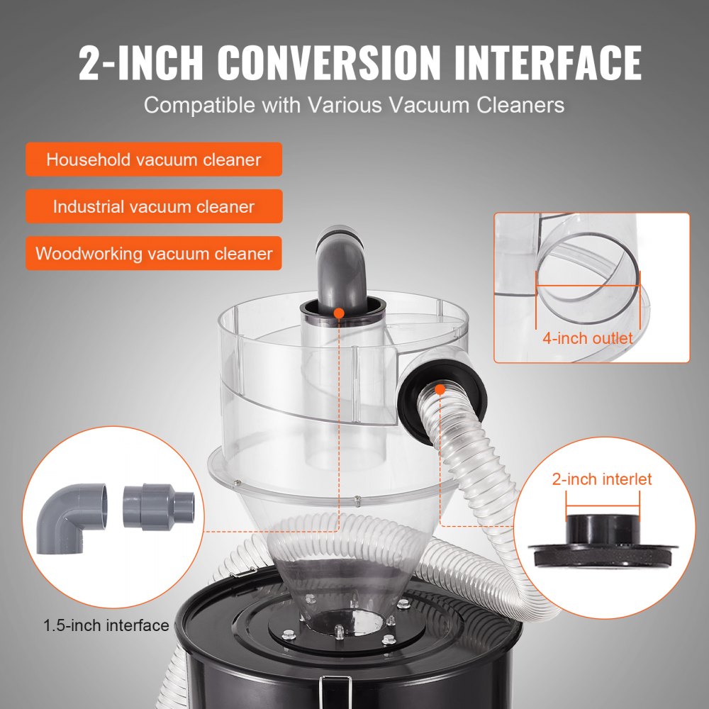VEVOR Separador de Polvo Ciclónico con Tanque de Metal Capacidad de 50 L Colector de Polvo Ciclónico ABS con Adaptador de 50 mm Manguera de 2 m para Aspiradoras de Polvo de Taller Húmedo/Seco