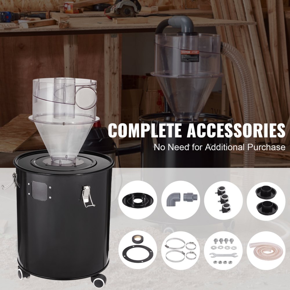 VEVOR Separador de Polvo Ciclónico con Tanque de Metal Capacidad de 50 L Colector de Polvo Ciclónico ABS con Adaptador de 50 mm Manguera de 2 m para Aspiradoras de Polvo de Taller Húmedo/Seco
