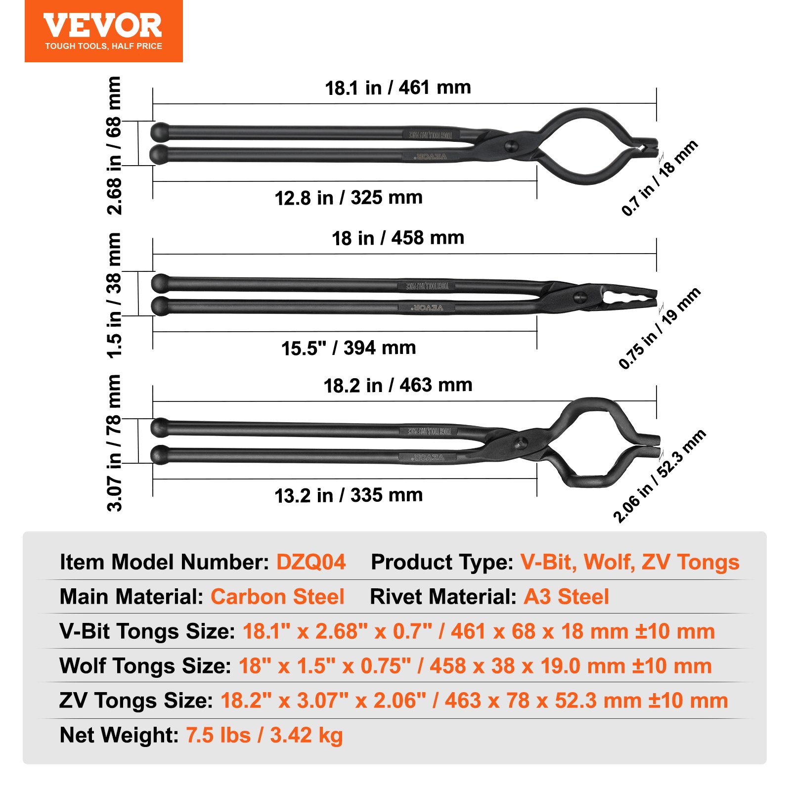Dimensiones y especificaciones de las pinzas de herrero VEVOR: pinzas v-bit, wolf, zv fabricadas en acero al carbono.