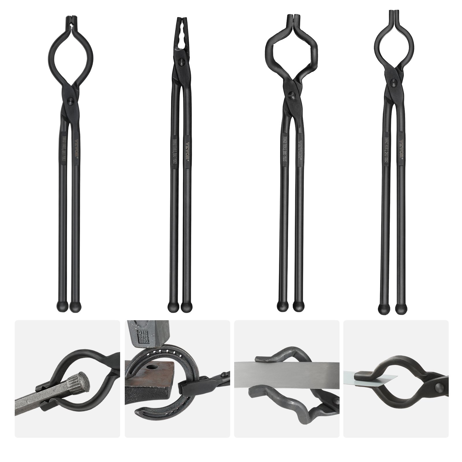 VEVOR Blacksmith Tongs Set, V-Bit, Wolf, ZV, Gripping Tongs 4 pcs. Carbon Steel Blacksmith Tongs, 465 x 60 x 19 mm / 461 x 68 x 18 mm / 458 x 38 x 19.0 mm / 463 x 78 x 52.3 mm, with Extended Handle