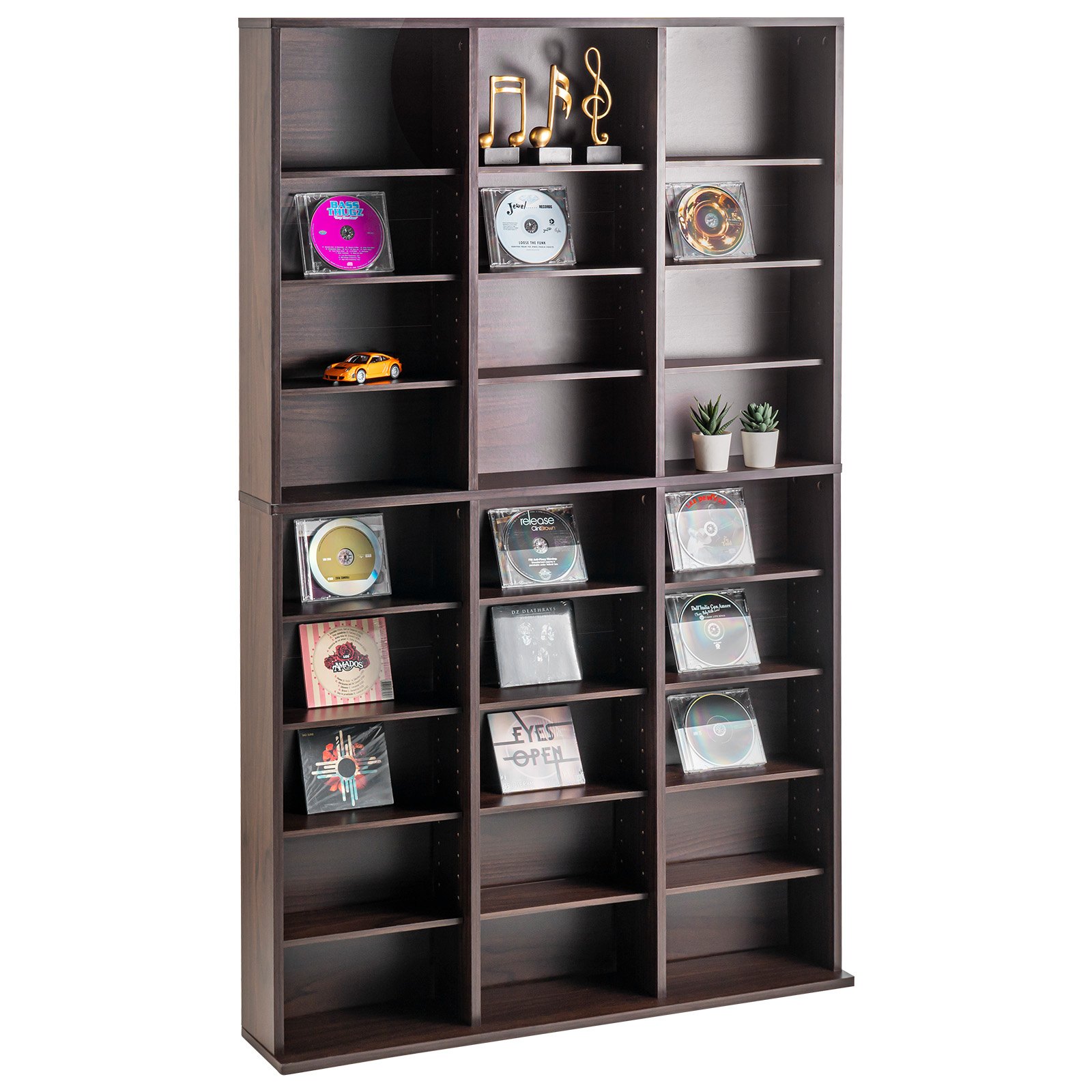 VEVOR Gabinete de almacenamiento multimedia, estante para DVD de 9 capas con capacidad para 756 CD, estantes para CD ajustables, 27 compartimentos, protege y organiza colecciones de música, películas, videojuegos o recuerdos, Espresso