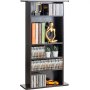 Mueble de almacenamiento multimedia VEVOR negro con estantes que contienen libros, CD, una escultura dorada y pequeñas plantas.