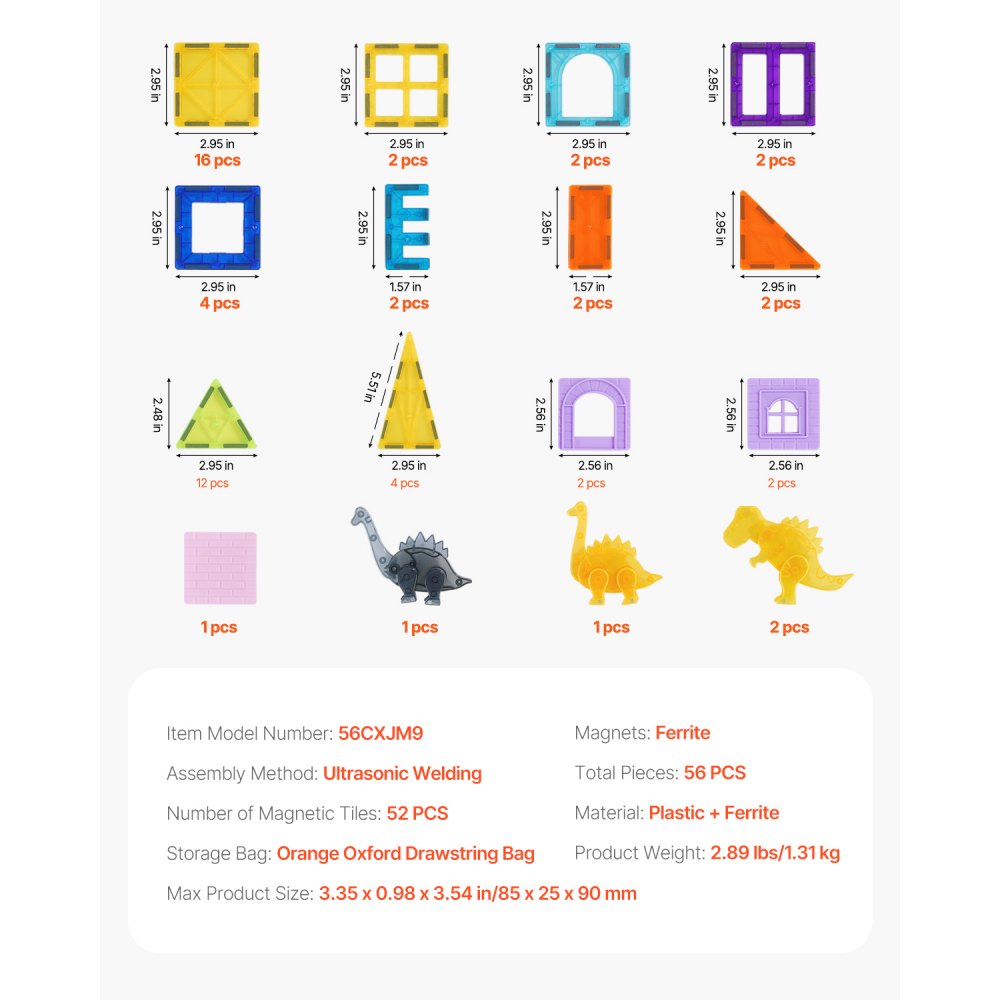 VEVOR Bloques Magnéticos 56 PCS Bloques Magnéticos para Construcción de Animales para Niños con 4 Dinosaurios Juguetes Educativos Sensoriales STEM para Apilar Regalo para Niños de 3 Años en Adelante