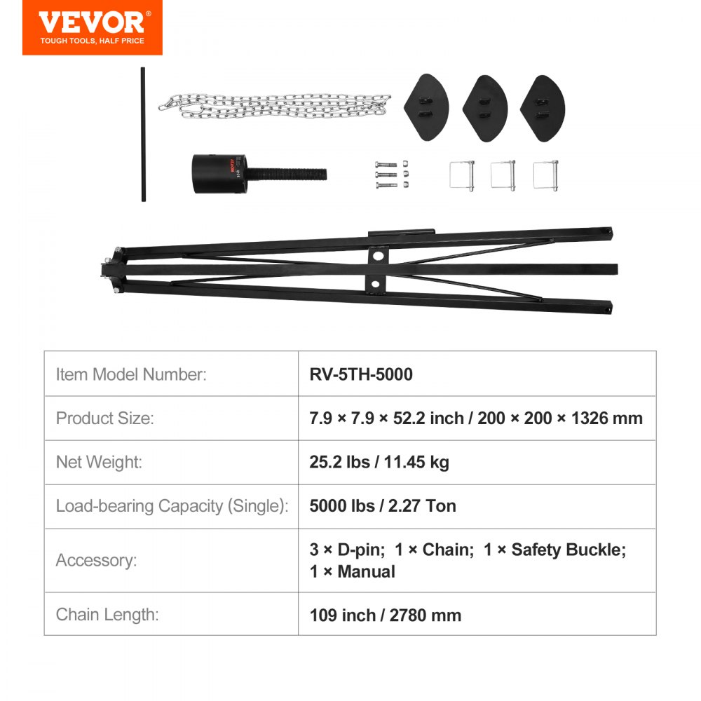VEVOR Motorhome Stabilizing Jack, 1 pc., 880-1450 mm Height Adjustable, 2.27 t Load Capacity, Caravan Mounts, Foldable Tripod Stabilizer 200 x 200 x 1326 mm, Caravan Tripod, Includes Accessories