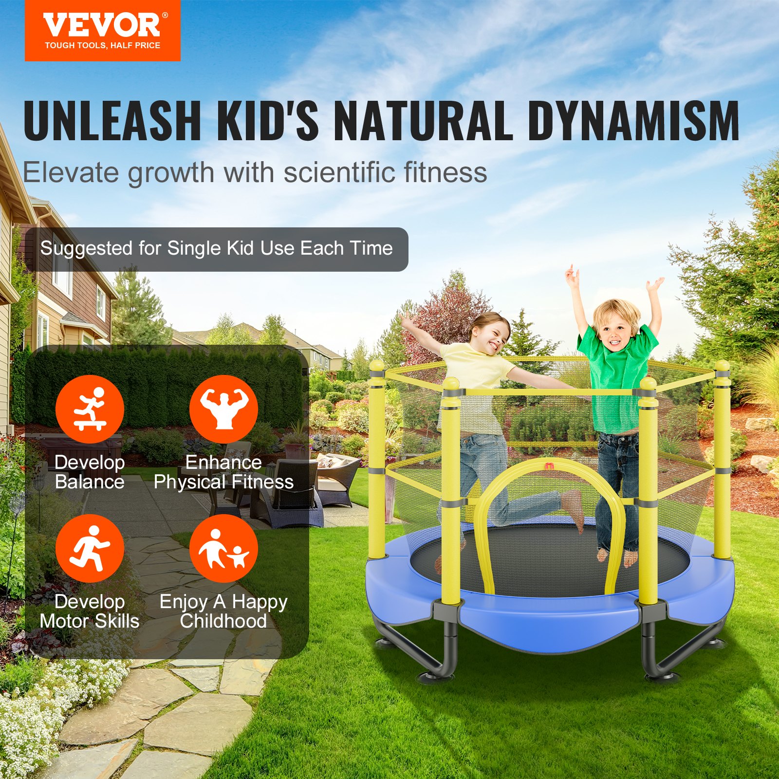 VEVOR Trampolín para Niños Cama Elástica Interior y Exterior de 152,4 cm para Niños Pequeños con Red de Seguridad, Aro de Baloncesto y Bolas Oceánicas, Regalo de Cumpleaños para Niños Más de 3 Años