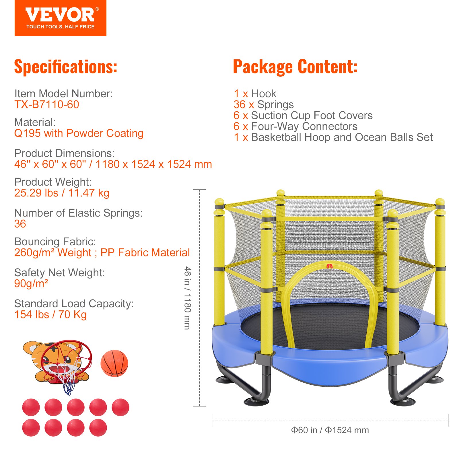 VEVOR Trampolín para Niños Cama Elástica Interior y Exterior de 152,4 cm para Niños Pequeños con Red de Seguridad, Aro de Baloncesto y Bolas Oceánicas, Regalo de Cumpleaños para Niños Más de 3 Años