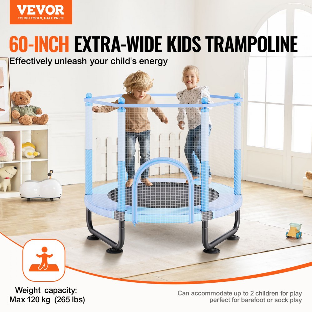VEVOR Trampolín para Niños para Interiores y Exteriores, Mini Trampolín Recreativo para Niños Pequeños con Red de Seguridad y Aro de Baloncesto, para Niños de más de 3 Años, Azul, 1545 x 1210 mm
