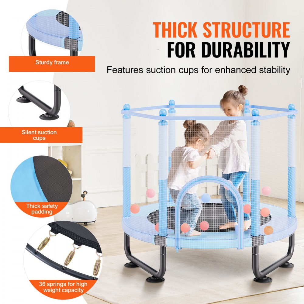 VEVOR Trampolín para Niños para Interiores y Exteriores, Mini Trampolín Recreativo para Niños Pequeños con Red de Seguridad y Aro de Baloncesto, para Niños de más de 3 Años, Azul, 1545 x 1210 mm