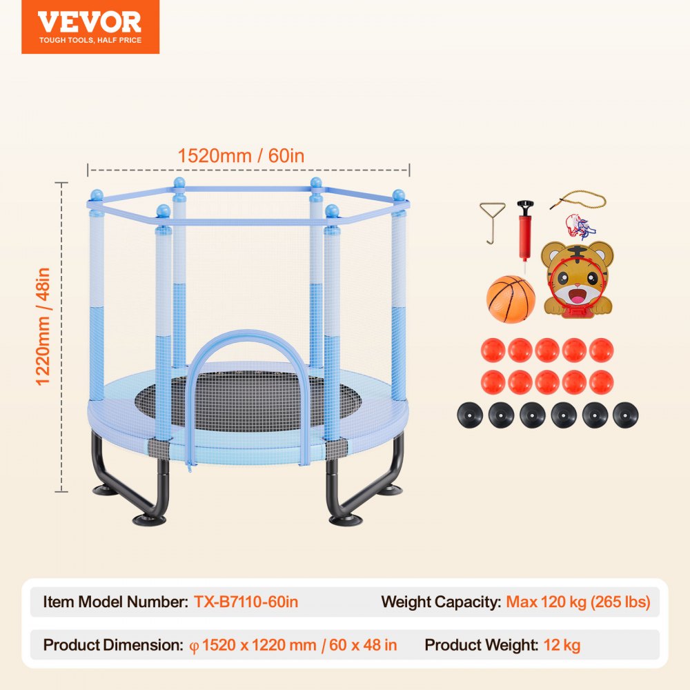 VEVOR Trampolín para Niños para Interiores y Exteriores, Mini Trampolín Recreativo para Niños Pequeños con Red de Seguridad y Aro de Baloncesto, para Niños de más de 3 Años, Azul, 1545 x 1210 mm