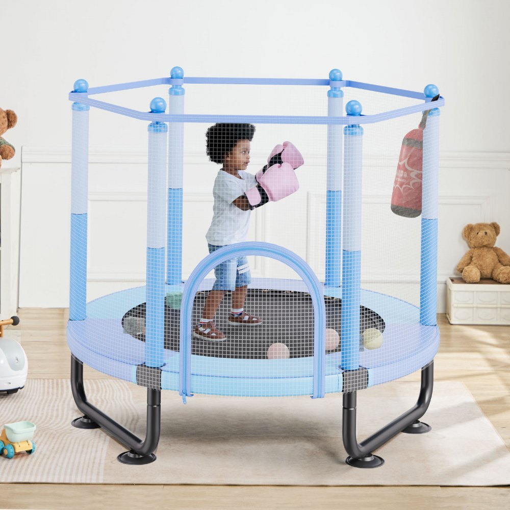 VEVOR Trampolín para Niños para Interiores y Exteriores, Mini Trampolín Recreativo para Niños Pequeños con Red de Seguridad y Aro de Baloncesto, para Niños de más de 3 Años, Azul, 1545 x 1210 mm