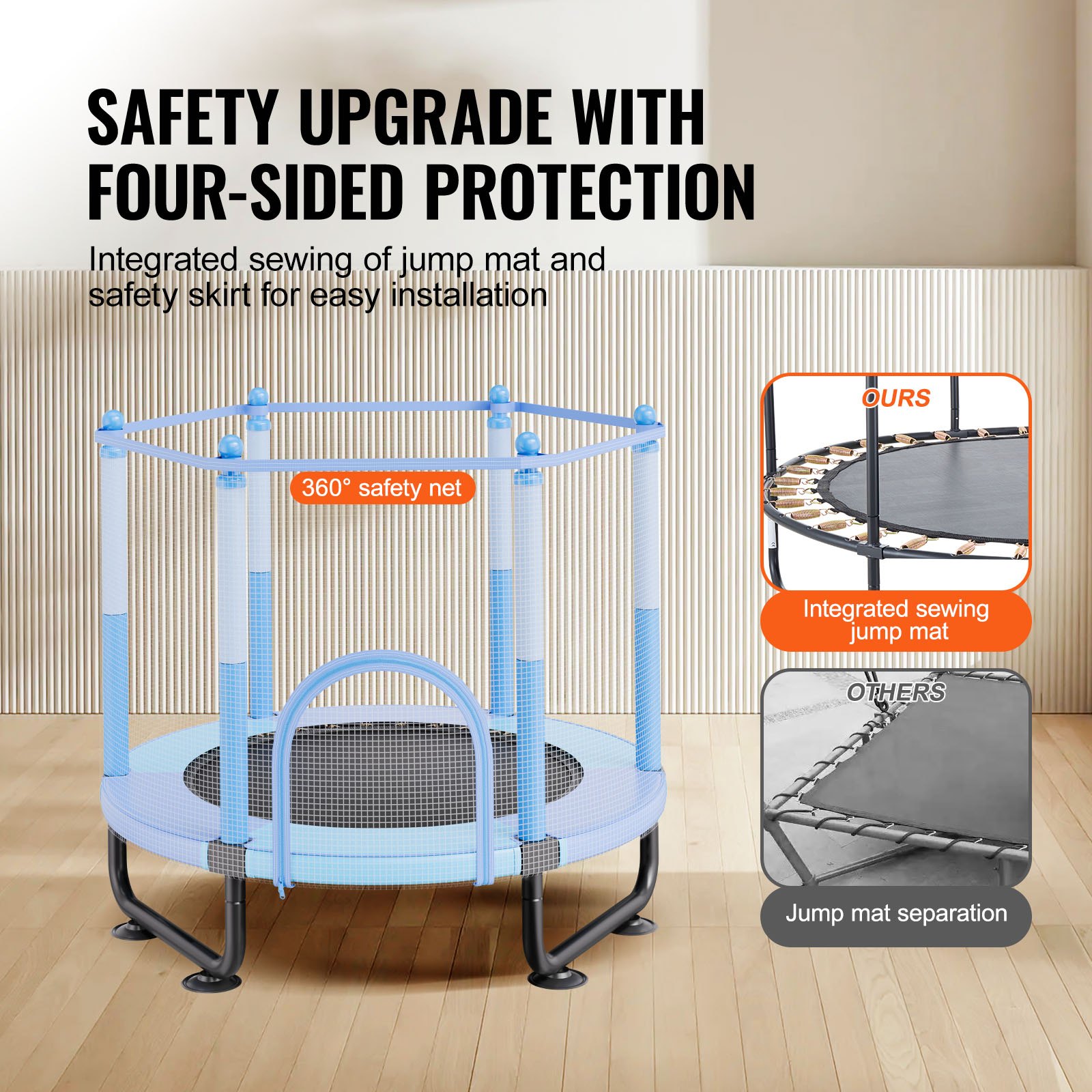 VEVOR Trampolín para Niños para Interiores y Exteriores, Mini Trampolín Recreativo para Niños Pequeños con Red de Seguridad y Aro de Baloncesto, para Niños de más de 3 Años, Azul, 1545 x 1210 mm