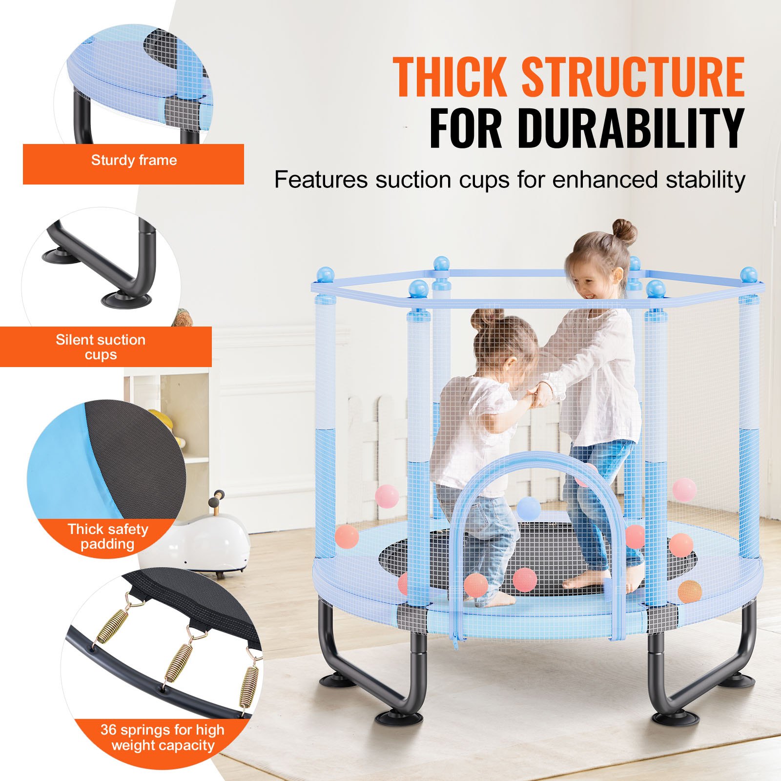 VEVOR Trampolín para Niños para Interiores y Exteriores, Mini Trampolín Recreativo para Niños Pequeños con Red de Seguridad y Aro de Baloncesto, para Niños de más de 3 Años, Azul, 1545 x 1210 mm
