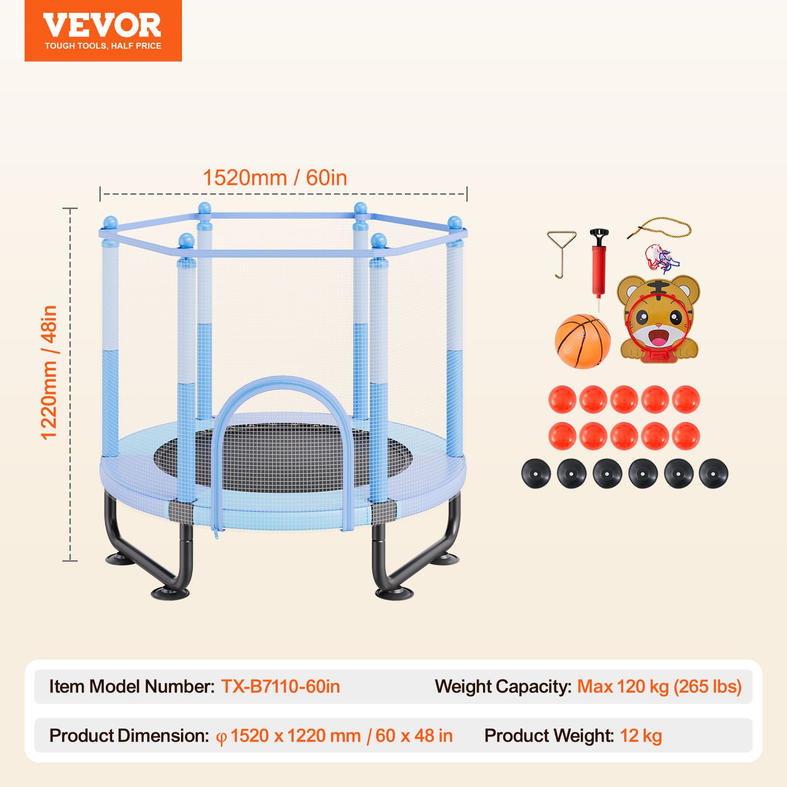 VEVOR Trampolín para Niños para Interiores y Exteriores, Mini Trampolín Recreativo para Niños Pequeños con Red de Seguridad y Aro de Baloncesto, para Niños de más de 3 Años, Azul, 1545 x 1210 mm