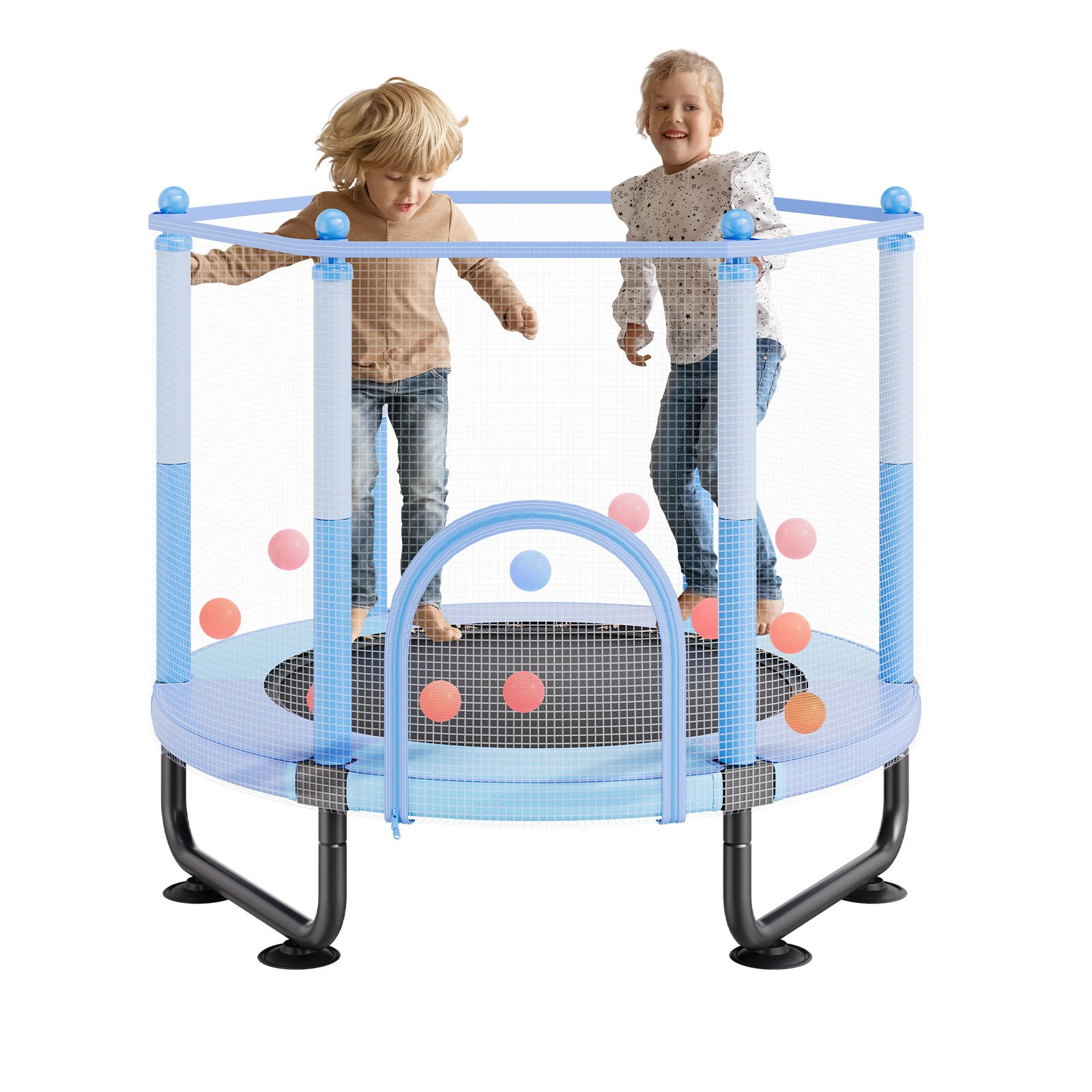 VEVOR Trampolín para Niños para Interiores y Exteriores, Mini Trampolín Recreativo para Niños Pequeños con Red de Seguridad y Aro de Baloncesto, para Niños de más de 3 Años, Azul, 1545 x 1210 mm