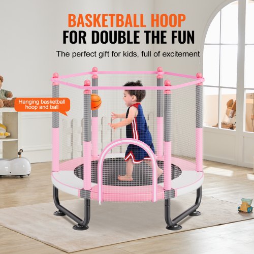 VEVOR Trampolín Interior y Exterior de 152,4 cm para Niños Pequeños Con Red de Seguridad, Aro de Baloncesto y Bolas Oceánicas - Regalo de Cumpleaños para Más de 3 Años