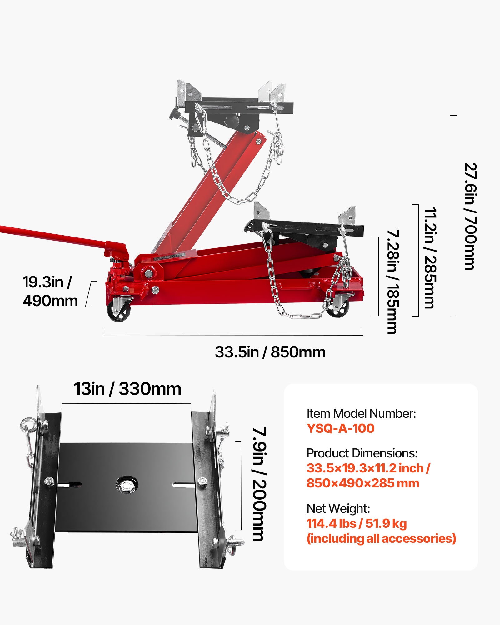 VEVOR Gato Hidráulico de Perfil Bajo 1 T, con Plataforma de Elevación de 18,5-70 cm y Ruedas Giratorias de 360°, Plataforma de Elevación Resistente para Garaje/Taller, Rojo, 850 x 490 x 285 mm