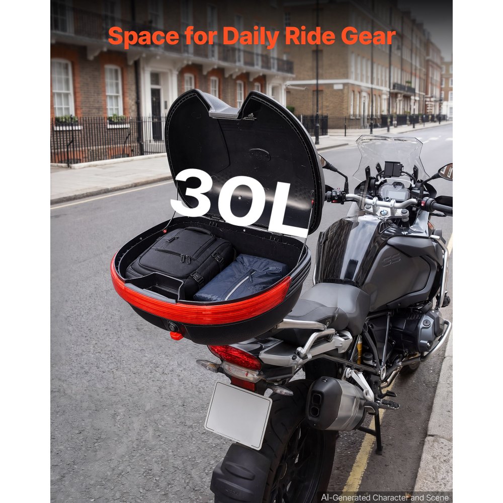 VEVOR Baúl para Moto 30 L, Maleta Trasera para Motocicleta de PP Universal, con Reflector Rojo, Desmontable, Carcasa Duradera,  Impermeabilidad IPX4, con Cerradura de Seguridad y 2 Llaves, Negro