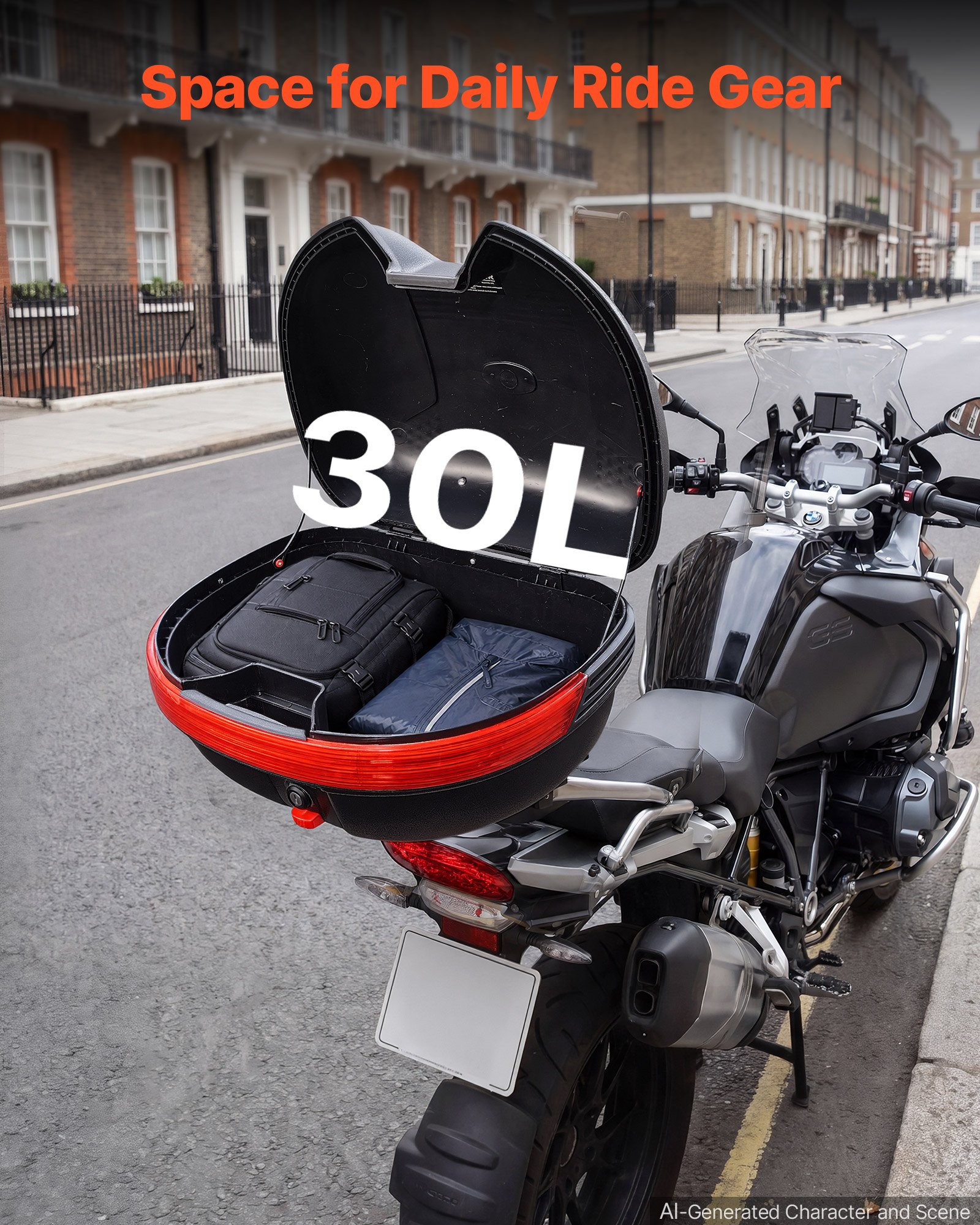VEVOR Baúl para Moto 30 L, Maleta Trasera para Motocicleta de PP Universal, con Reflector Rojo, Desmontable, Carcasa Duradera,  Impermeabilidad IPX4, con Cerradura de Seguridad y 2 Llaves, Negro