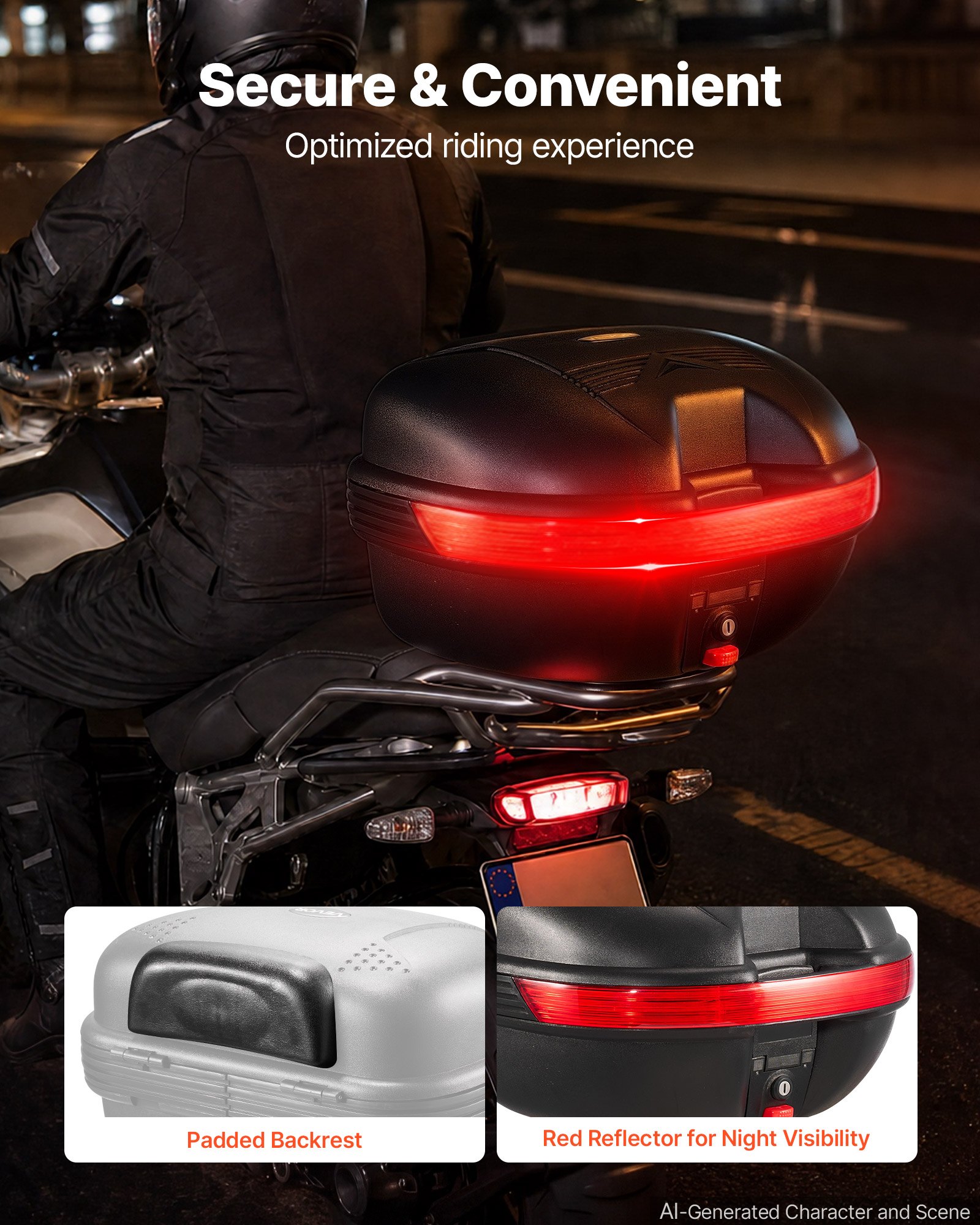 VEVOR Baúl para Moto 30 L, Maleta Trasera para Motocicleta de PP Universal, con Reflector Rojo, Desmontable, Carcasa Duradera,  Impermeabilidad IPX4, con Cerradura de Seguridad y 2 Llaves, Negro
