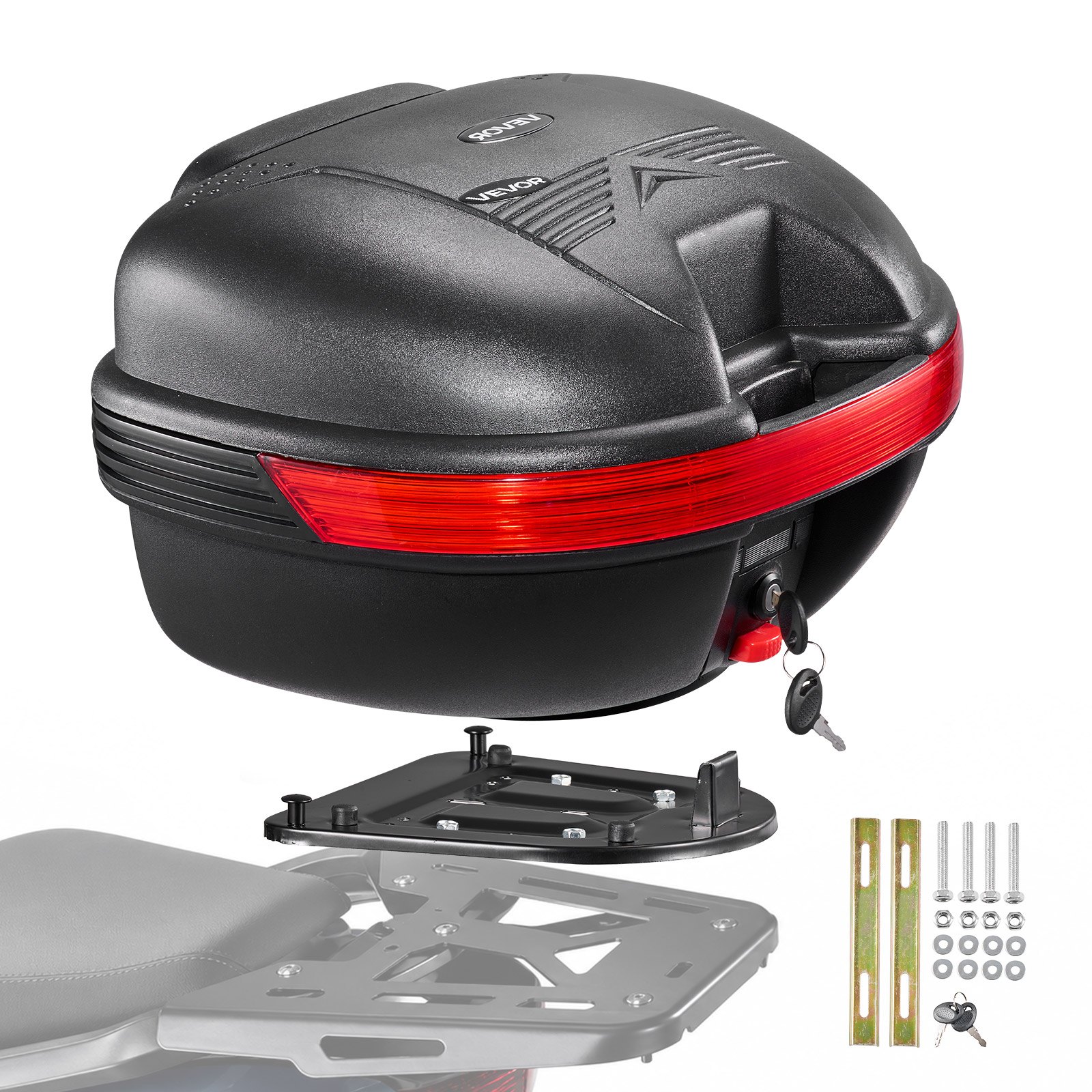 VEVOR Baúl para Moto 30 L, Maleta Trasera para Motocicleta de PP Universal, con Reflector Rojo, Desmontable, Carcasa Duradera,  Impermeabilidad IPX4, con Cerradura de Seguridad y 2 Llaves, Negro