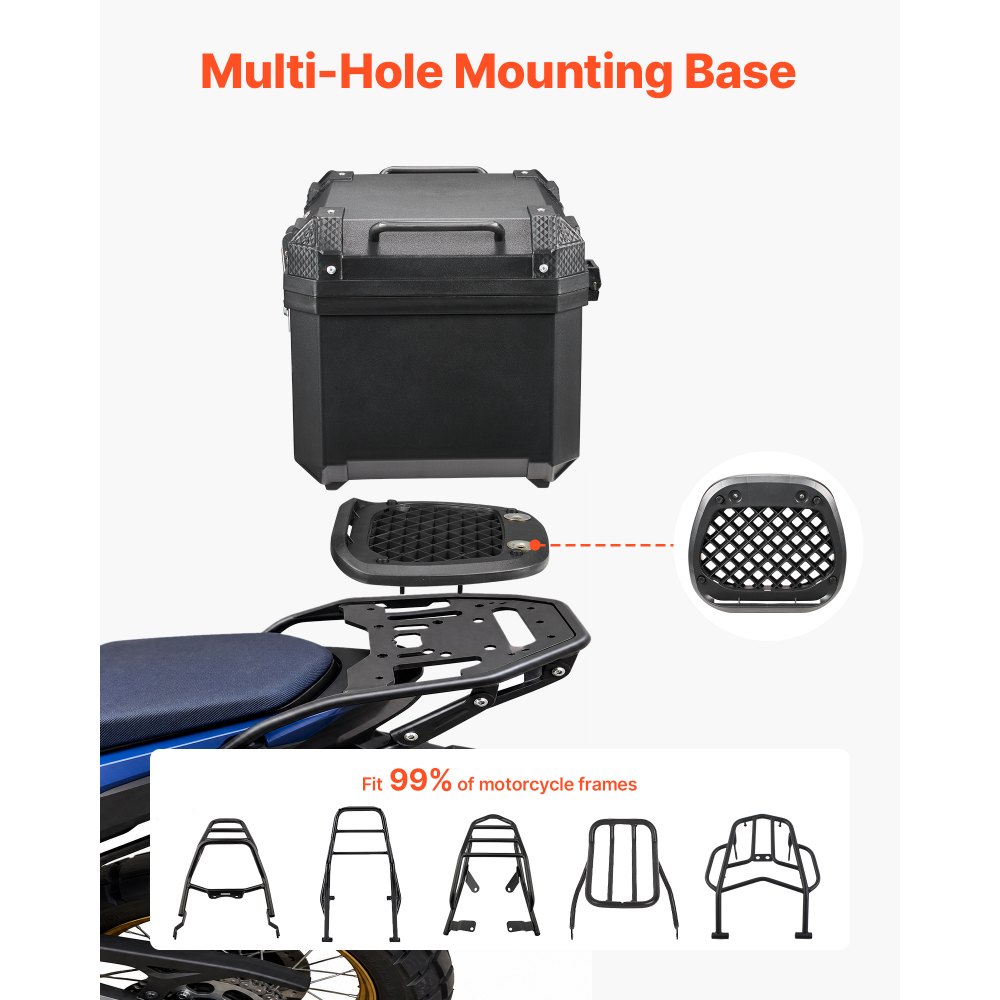 VEVOR Baúl para Moto 45 L, Maleta Trasera para Motocicleta de ABS, Universal, Duradera, Impermeable, Desmontable, con Cerradura de Seguridad, Forro de Cuero para Almacenamiento de Equipaje, Negro