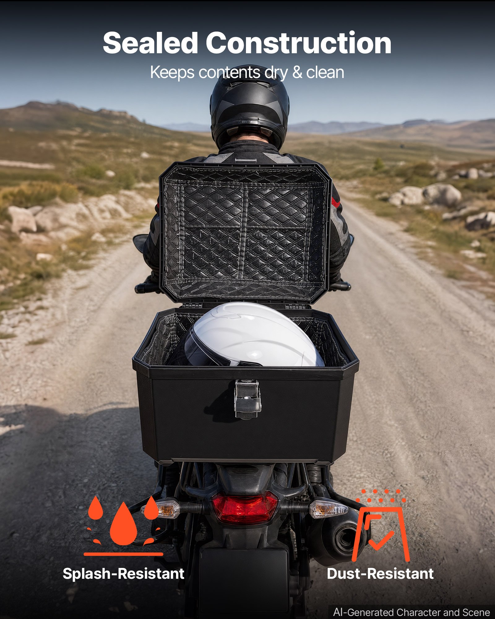 VEVOR Baúl para Moto 45 L, Maleta Trasera para Motocicleta de ABS, Universal, Duradera, Impermeable, Desmontable, con Cerradura de Seguridad, Forro de Cuero para Almacenamiento de Equipaje, Negro