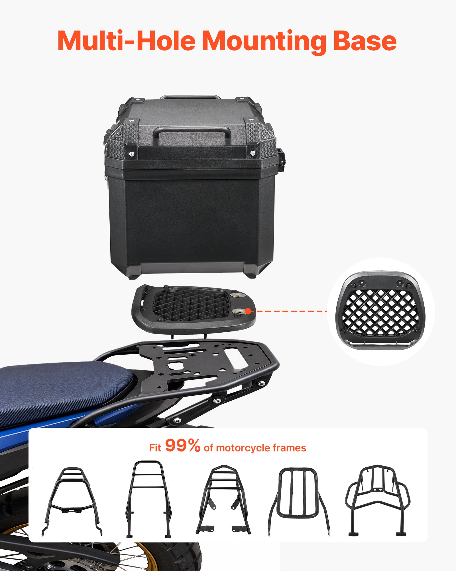 VEVOR Baúl para Moto 45 L, Maleta Trasera para Motocicleta de ABS, Universal, Duradera, Impermeable, Desmontable, con Cerradura de Seguridad, Forro de Cuero para Almacenamiento de Equipaje, Negro