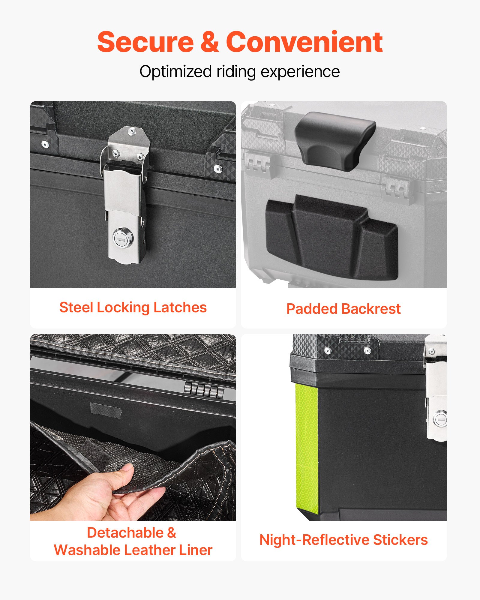 VEVOR Baúl para Moto 45 L, Maleta Trasera para Motocicleta de ABS, Universal, Duradera, Impermeable, Desmontable, con Cerradura de Seguridad, Forro de Cuero para Almacenamiento de Equipaje, Negro