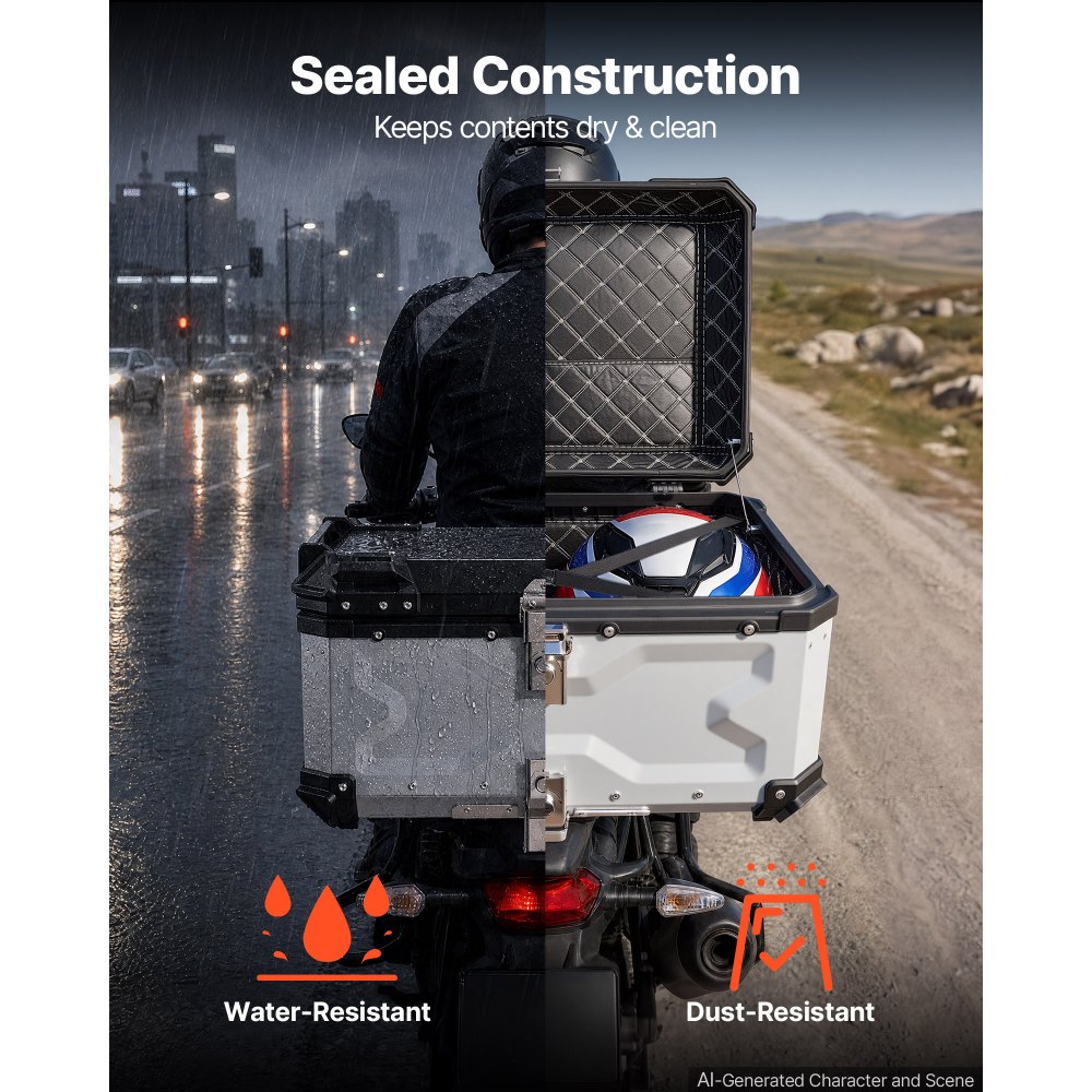 VEVOR Baúl para Moto 65 L de Aluminio, Maleta Trasera para Motocicleta Universal, Carcasa Duradera, Impermeable, Desmontable, con Cerradura de Seguridad y Forro de Cuero para Guardar Cascos, Plata