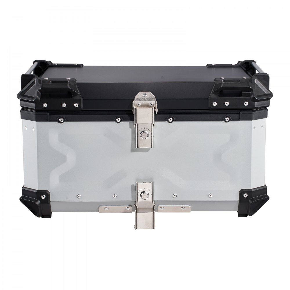 VEVOR Baúl para Moto 65 L de Aluminio, Maleta Trasera para Motocicleta Universal, Carcasa Duradera, Impermeable, Desmontable, con Cerradura de Seguridad y Forro de Cuero para Guardar Cascos, Plata
