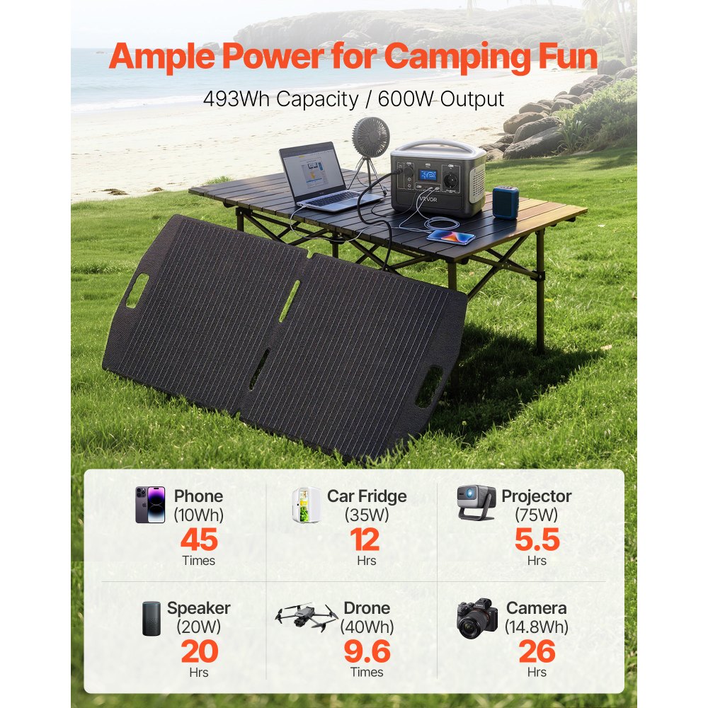 VEVOR Estación de Energía Portátil 600 W con Panel Solar de 100 W, Generador de Energía Batería de Respaldo LiFePO4 de 493 Wh, con 7 Puertos de Salida para Hogar, Campamentos, Viajes en Autocaravana