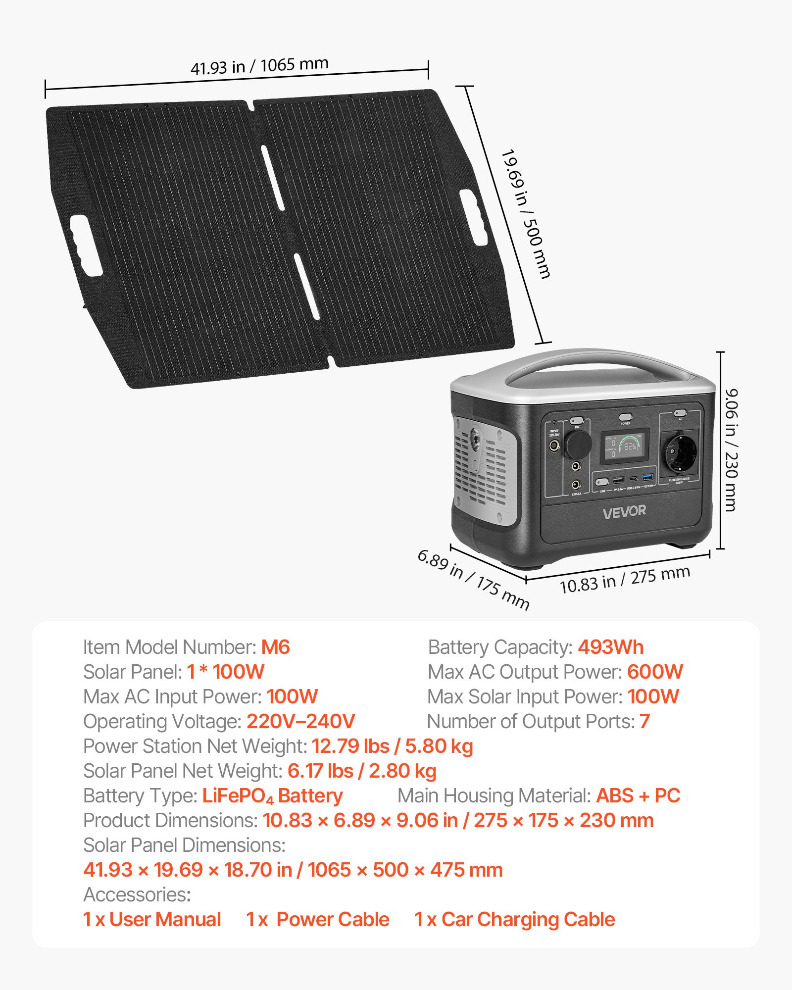VEVOR Estación de Energía Portátil 600 W con Panel Solar de 100 W, Generador de Energía Batería de Respaldo LiFePO4 de 493 Wh, con 7 Puertos de Salida para Hogar, Campamentos, Viajes en Autocaravana