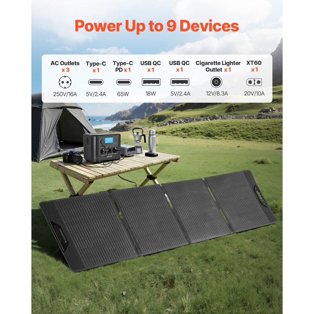 VEVOR Estación de Energía Portátil 1200 W con Panel Solar de 200 W, Generador de Energía Batería de Respaldo LiFePO4 806 Wh, con 9 Puertos de Salida para Hogar, Campamentos, Viajes en Autocaravana