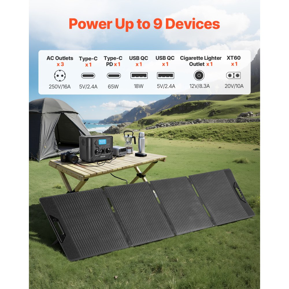 VEVOR Estación de Energía Portátil 1800 W con Panel Solar de 200 W, Generador de Energía Batería de Respaldo LiFePO4 de 1008 Wh, con 9 Puertos de Salida para Hogar, Campamentos al Aire Libre, Viajes
