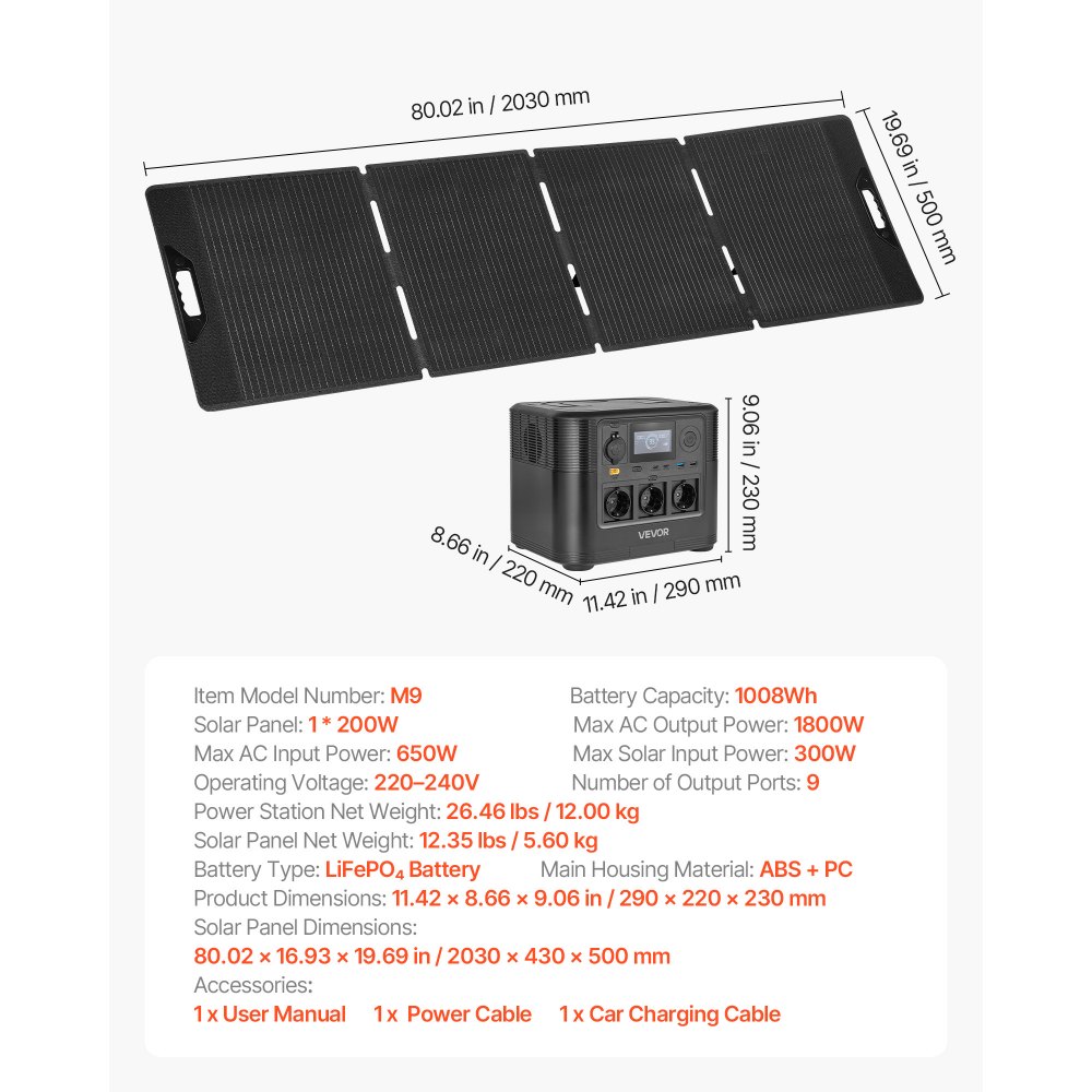 VEVOR Estación de Energía Portátil 1800 W con Panel Solar de 200 W, Generador de Energía Batería de Respaldo LiFePO4 de 1008 Wh, con 9 Puertos de Salida para Hogar, Campamentos al Aire Libre, Viajes