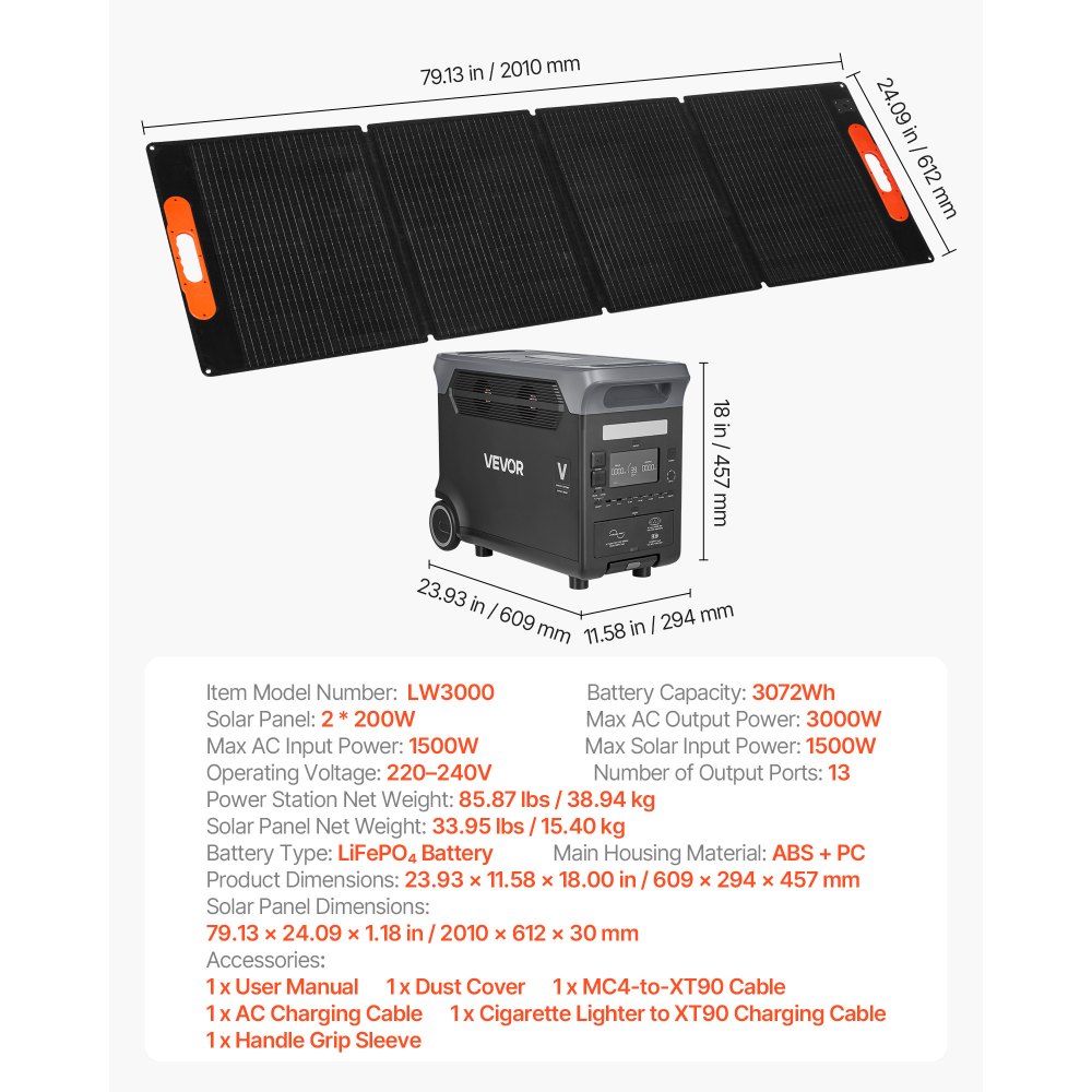 VEVOR Estación de Energía Portátil 3000 W con 2 Paneles Solares de 200 W, Generador de Energía Batería de Respaldo LiFePO4 de 3072 Wh, con 13 Puertos de Salida para Hogar, Campamentos, Viajes