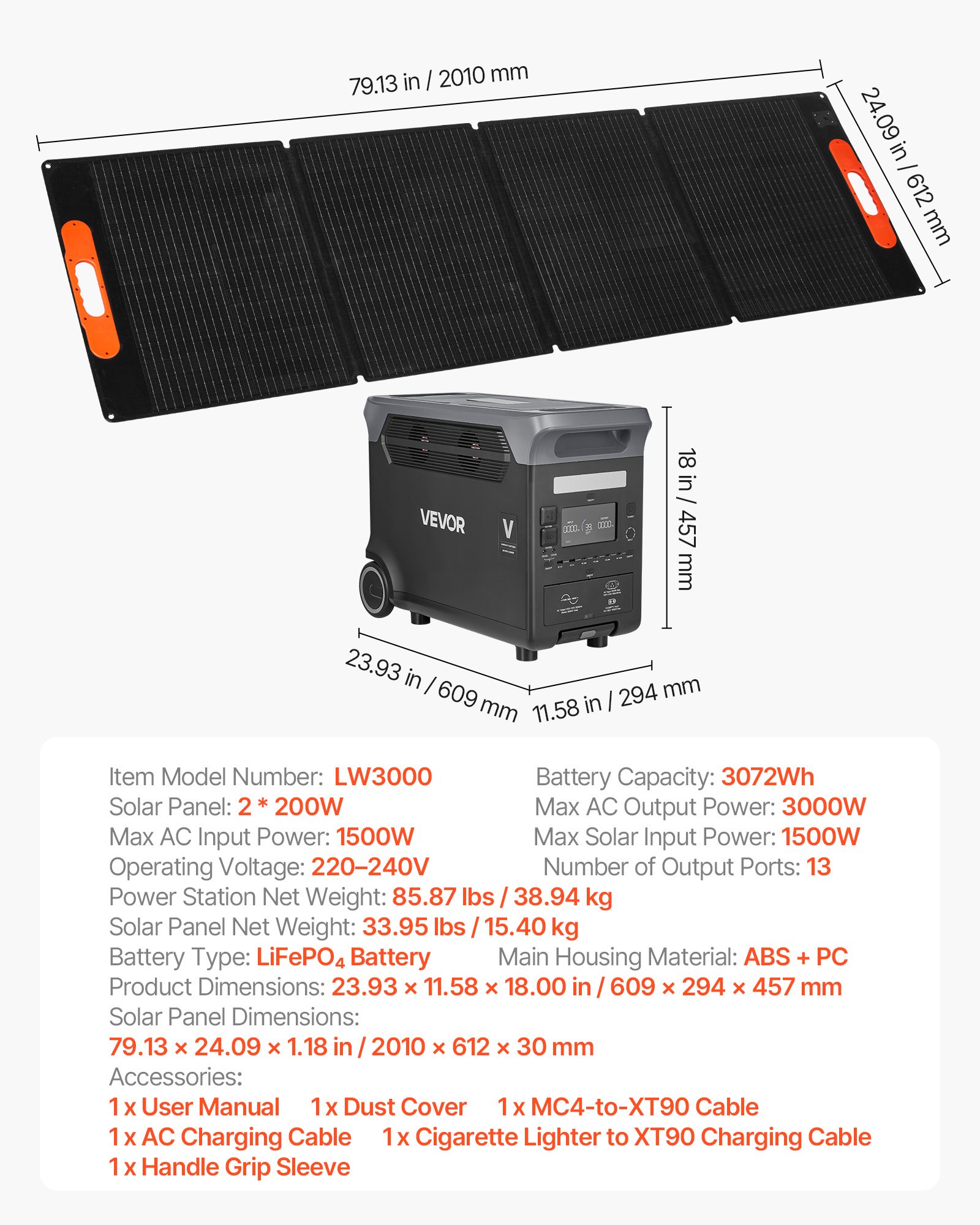 VEVOR Estación de Energía Portátil 3000 W con 2 Paneles Solares de 200 W, Generador de Energía Batería de Respaldo LiFePO4 de 3072 Wh, con 13 Puertos de Salida para Hogar, Campamentos, Viajes