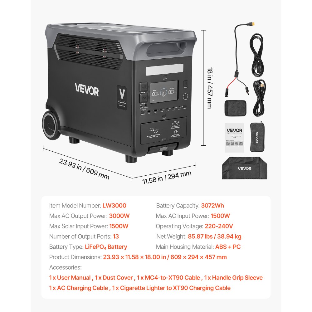 VEVOR Estación de Energía Portátil 3000 W, Generador de Energía Batería de Respaldo LiFePO4 3072 Wh con 13 Puertos de Salida para Hogar, Campamentos, Viajes en Autocaravana, Panel Solar No Incluido