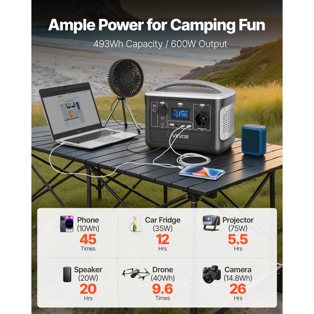 VEVOR Estación de Energía Portátil 600 W, Generador de Energía Batería de Respaldo LiFePO4 de 493 Wh, con 7 Puertos de Salida para Hogar, Campamentos, Viajes en Autocaravana, Panel Solar No Incluido