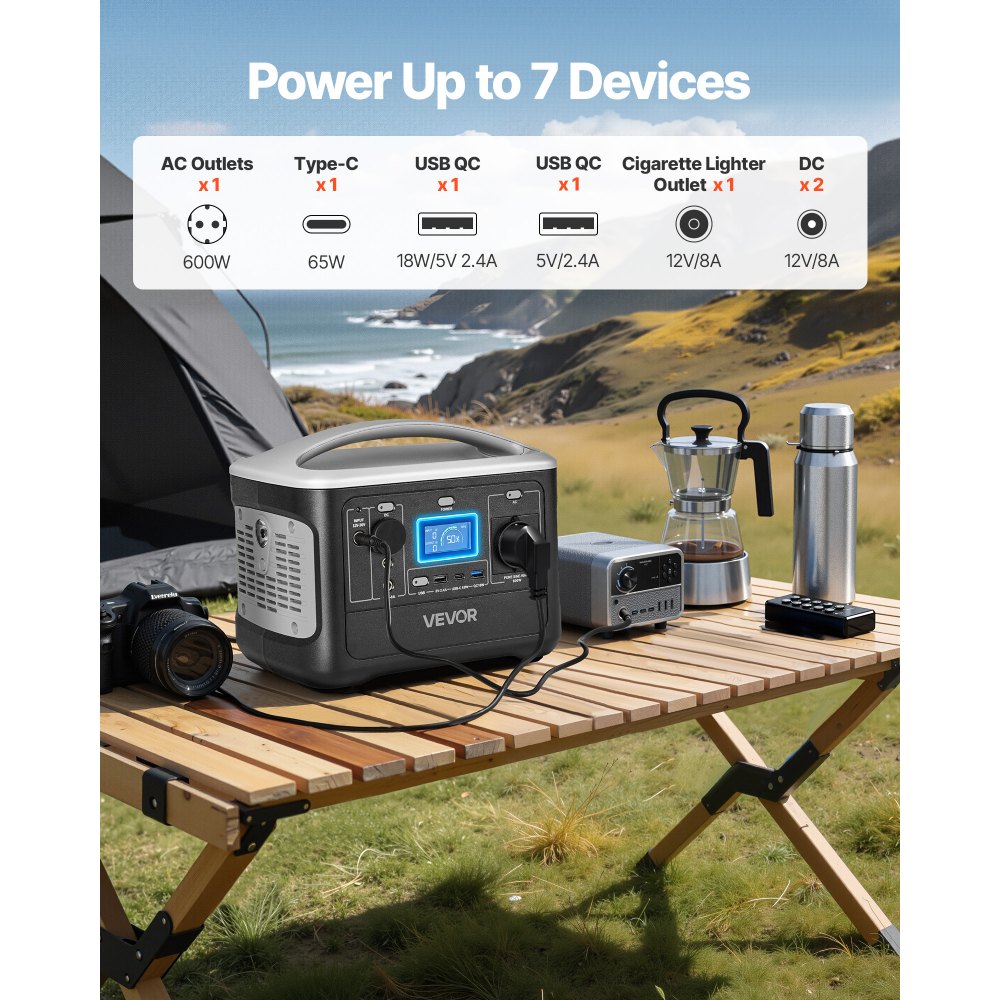 VEVOR Estación de Energía Portátil 600 W, Generador de Energía Batería de Respaldo LiFePO4 de 493 Wh, con 7 Puertos de Salida para Hogar, Campamentos, Viajes en Autocaravana, Panel Solar No Incluido