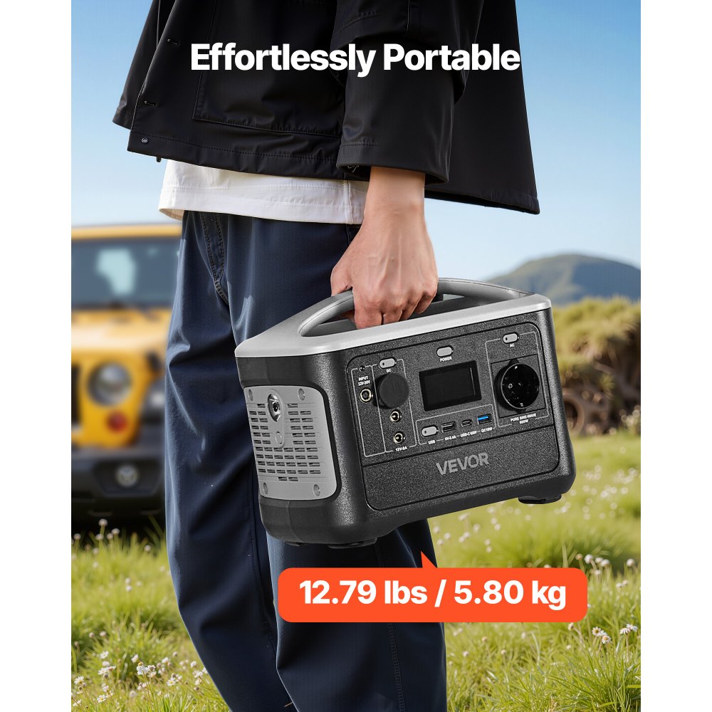 VEVOR Estación de Energía Portátil 600 W, Generador de Energía Batería de Respaldo LiFePO4 de 493 Wh, con 7 Puertos de Salida para Hogar, Campamentos, Viajes en Autocaravana, Panel Solar No Incluido