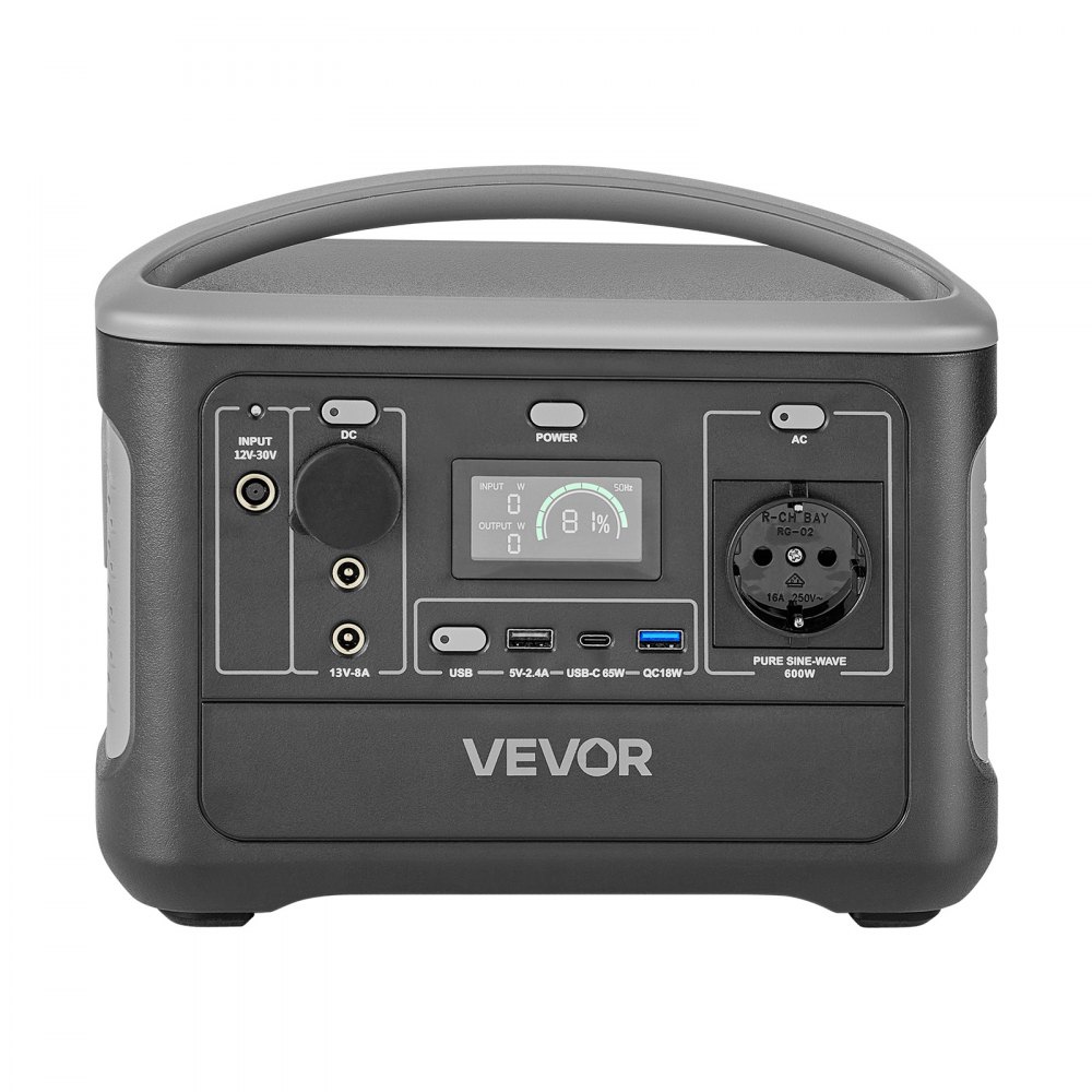 VEVOR Estación de Energía Portátil 600 W, Generador de Energía Batería de Respaldo LiFePO4 de 493 Wh, con 7 Puertos de Salida para Hogar, Campamentos, Viajes en Autocaravana, Panel Solar No Incluido