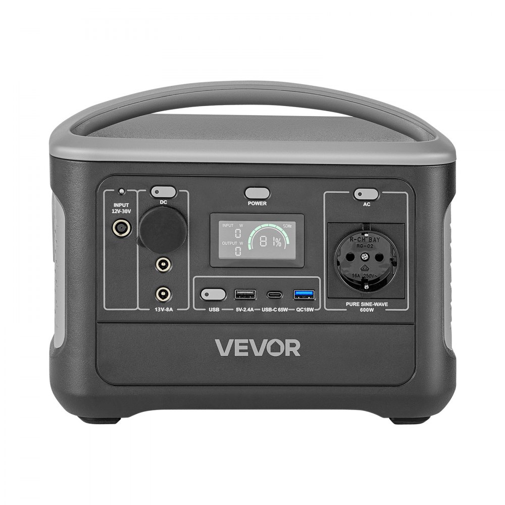 VEVOR Estación de Energía Portátil 600 W, Generador de Energía Batería de Respaldo LiFePO4 de 493 Wh, con 7 Puertos de Salida para Hogar, Campamentos, Viajes en Autocaravana, Panel Solar No Incluido